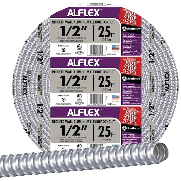 Flexible Metallic Conduit, 1/2 in Trade Size, 25 ft, Aluminum, Unfinished